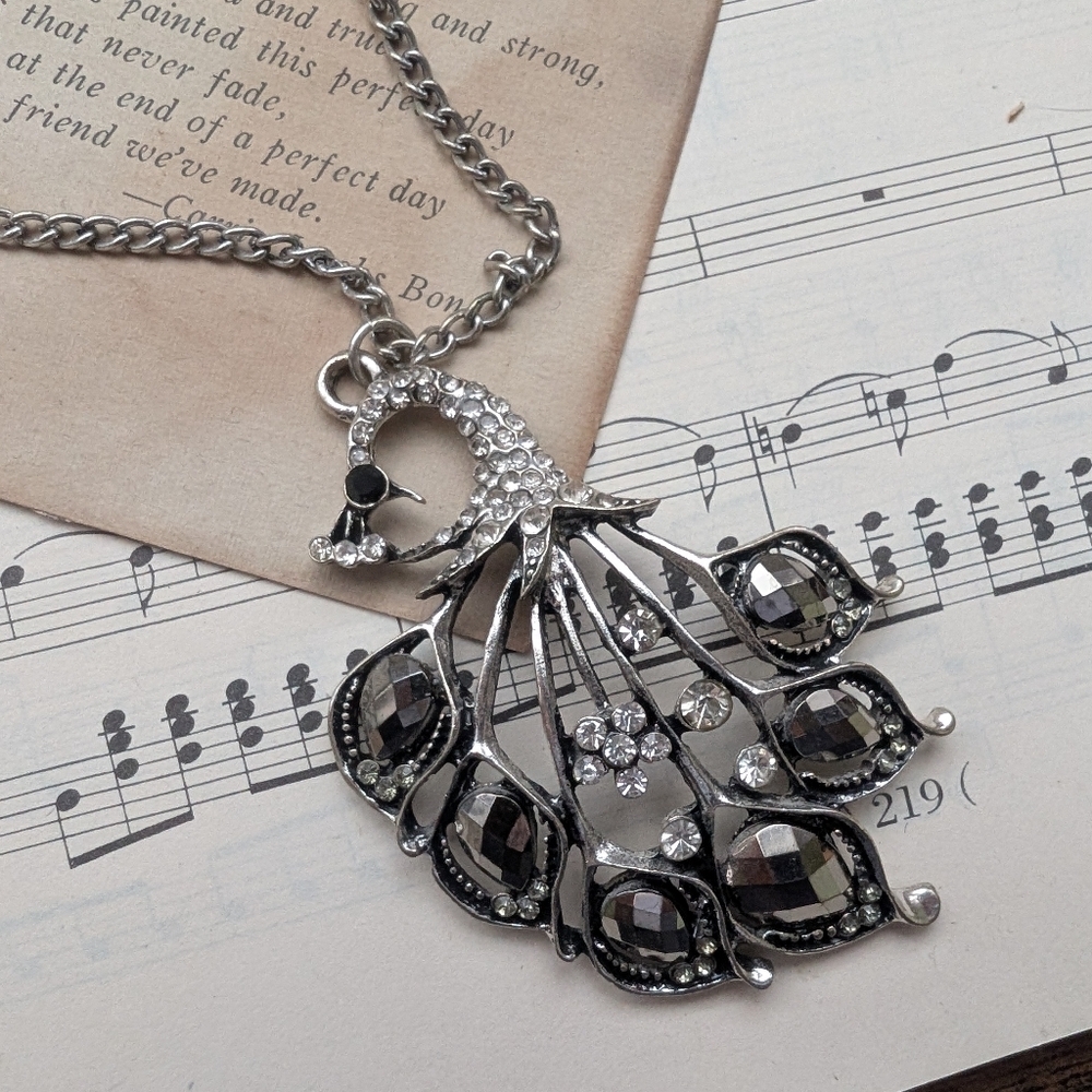 Rhinestone Peacock Pendant Necklace - Black and Silver